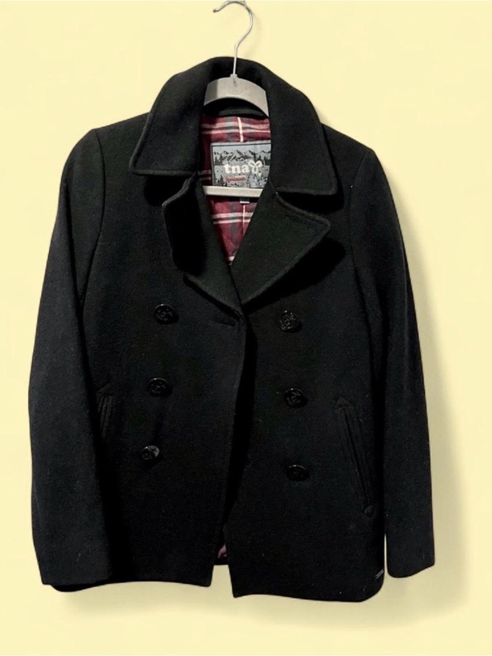 TNA Aritzia wool pea coat with cotton Plaid lining xxs black vintage